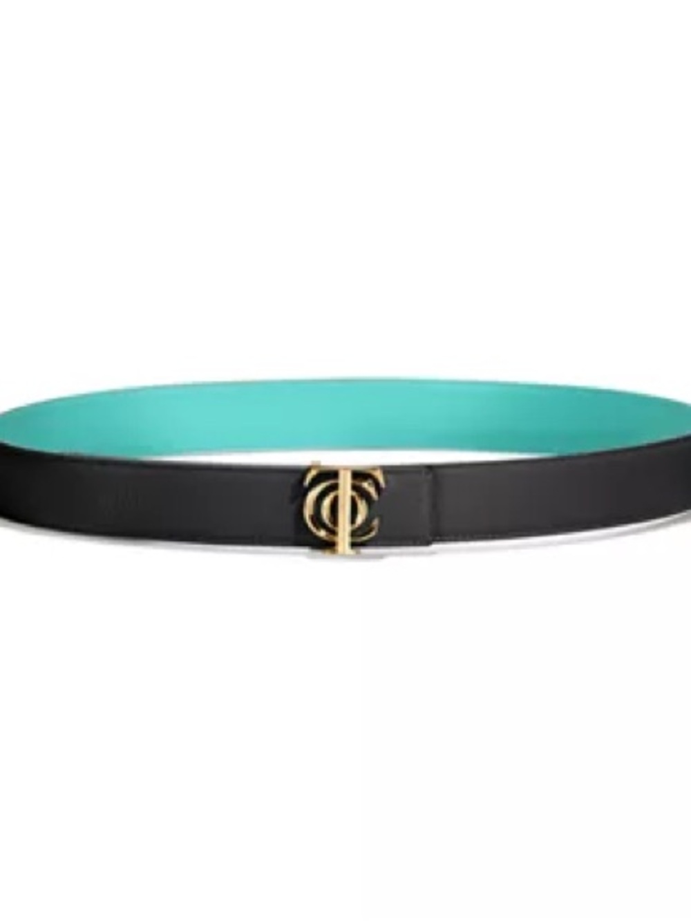 Tiffany & Co. Black Belt with Gold Interlocking Emblem and Turquoise Lining